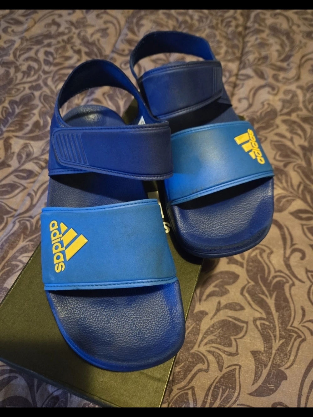 adidas Kids Blue Sandals with Yellow Logo Straps